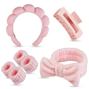 7 Pcs Spa Set, Facial Headband, Spa Headband and Wristband Set, Skincare Headband, College Style Girl Gift, Hair Accessories for Women and Girls (Pink)