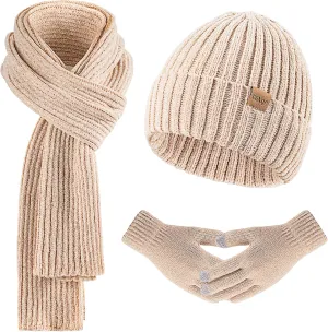 Beanie Hat for Womens Scarf Gloves Set, Fleece Lined Long Knit Scarf Touchscreen Gloves Winter Cap for Cold Weather