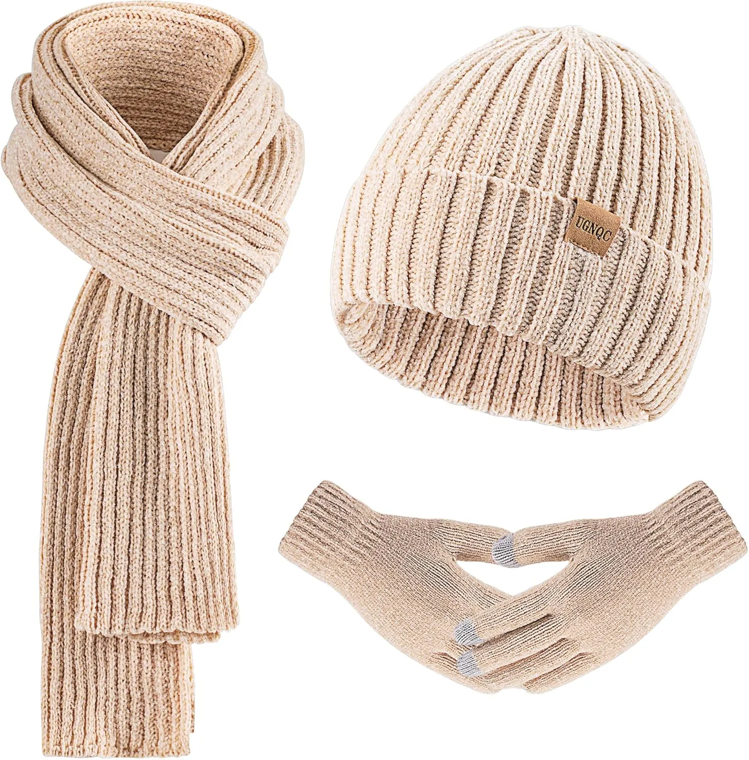Beanie Hat for Womens Scarf Gloves Set, Fleece Lined Long Knit Scarf Touchscreen Gloves Winter Cap for Cold Weather