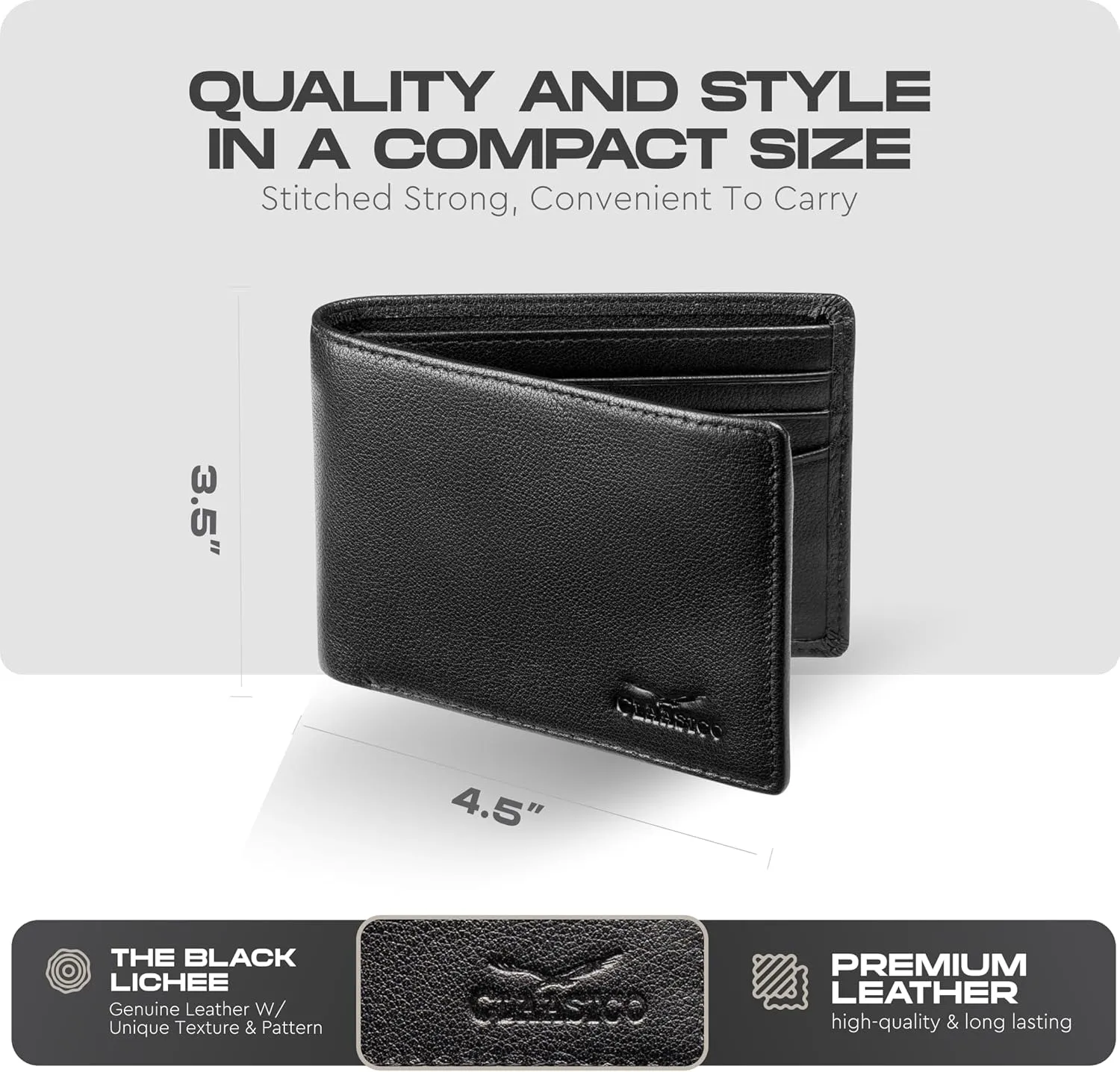 Claasico Mens Bifold Wallet for Men  Genuine Leather RFID Wallet, Slim Billfold Cardholder w/ID Window  Gift Box Included
