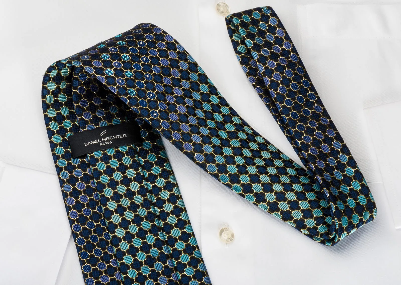 Daniel Hechter Rhinestone Silk Tie Quatrefoil Om Turquoise With Gold Sparkles