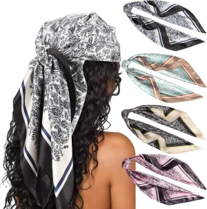 DRESHOW 35 Large Square Satin Head Scarf - 4Pcs Silk Accessories Classic Patterned Squares Beach Bandanas for Women