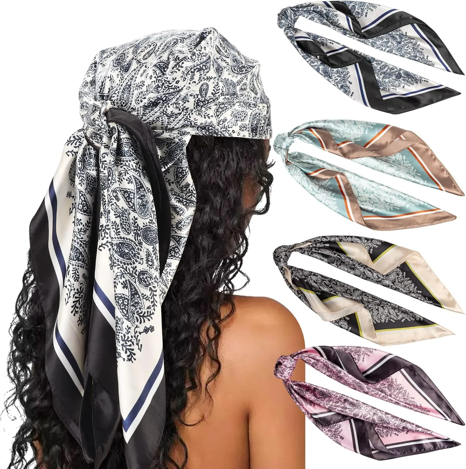 DRESHOW 35 Large Square Satin Head Scarf - 4Pcs Silk Accessories Classic Patterned Squares Beach Bandanas for Women