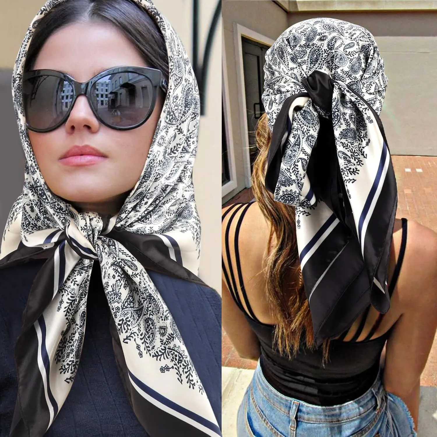 DRESHOW 35 Large Square Satin Head Scarf - 4Pcs Silk Accessories Classic Patterned Squares Beach Bandanas for Women