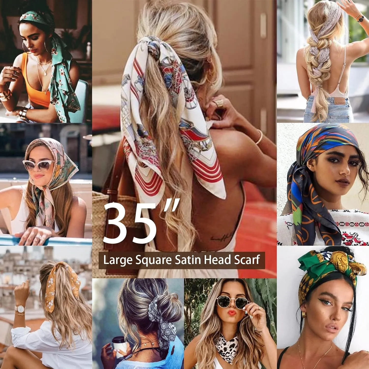 DRESHOW 35 Large Square Satin Head Scarf - 4Pcs Silk Accessories Classic Patterned Squares Beach Bandanas for Women