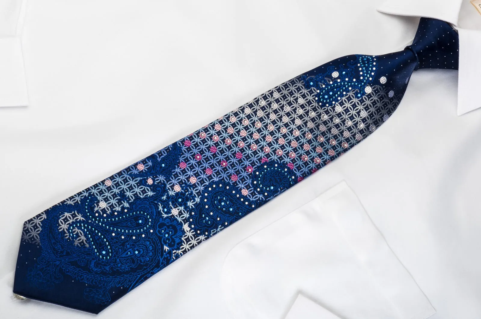Elegance Rhinestone Silk Necktie Geometric Baroque On Blue