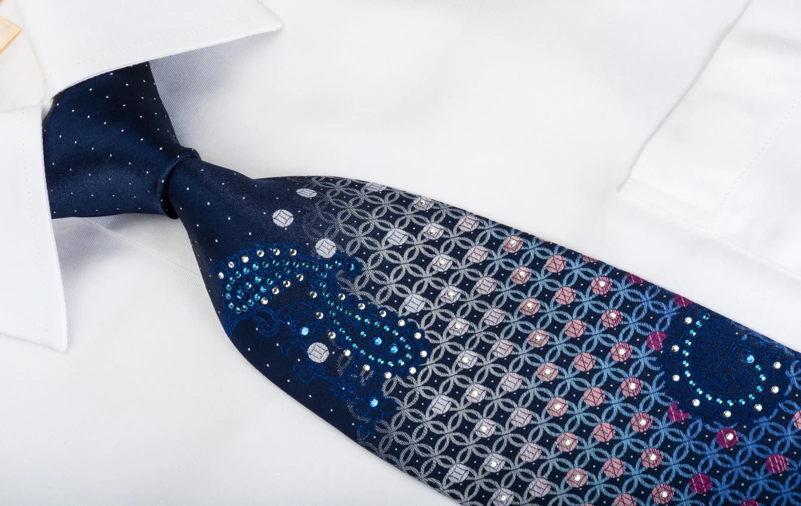 Elegance Rhinestone Silk Necktie Geometric Baroque On Blue