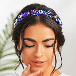 Formery Blue Rhinestone Headband Wedding Crystal Headpiece Flower Headbands for Women and Girls