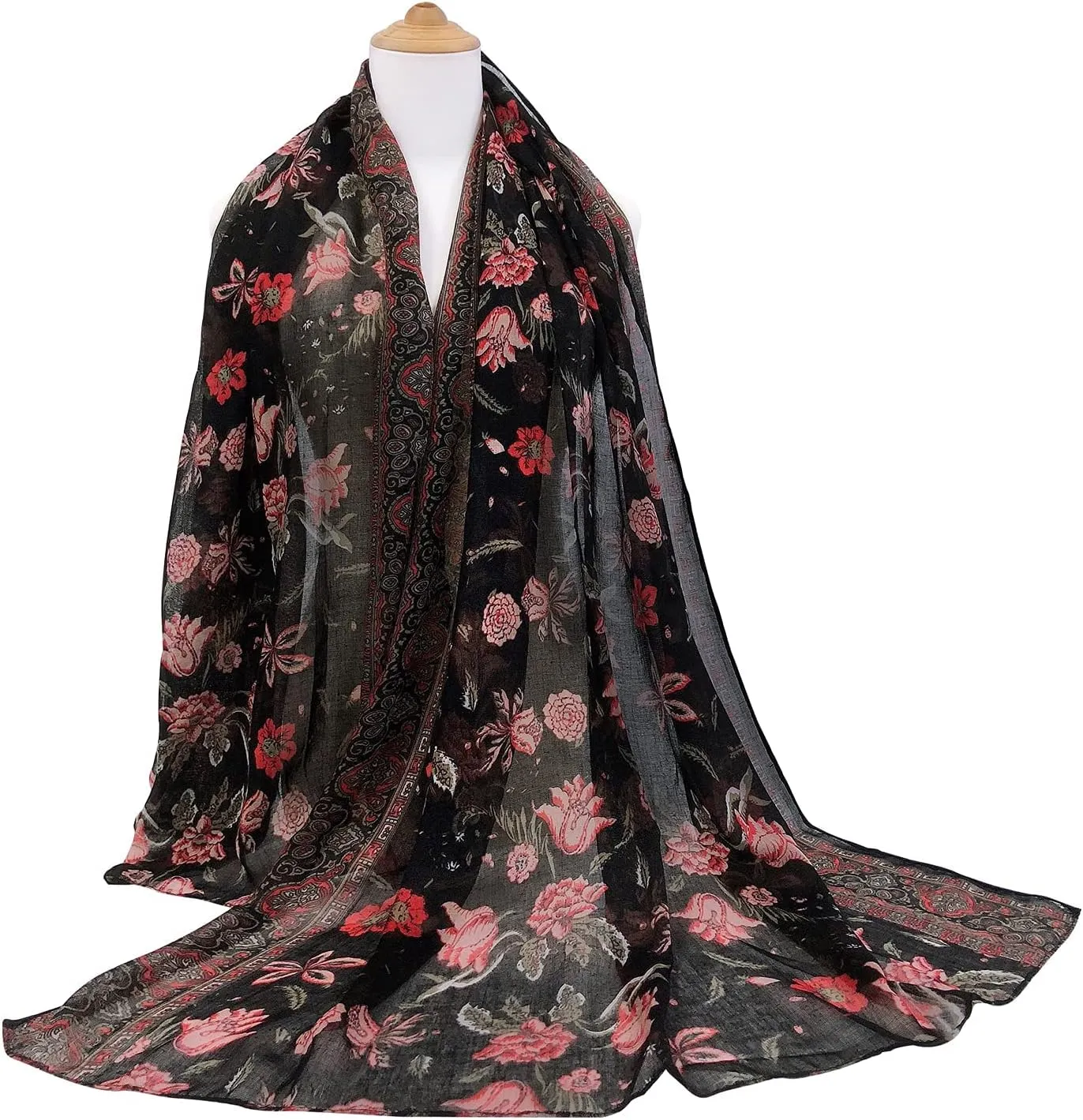 GERINLY Lightweight Scarves Fashion Flowers Print Women Cotton Wrap Scarf Head Shawl Summer Gift