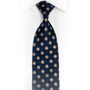 Gold Emblem On Navy Blue Rhinestone Silk Necktie With Gold Sparkles