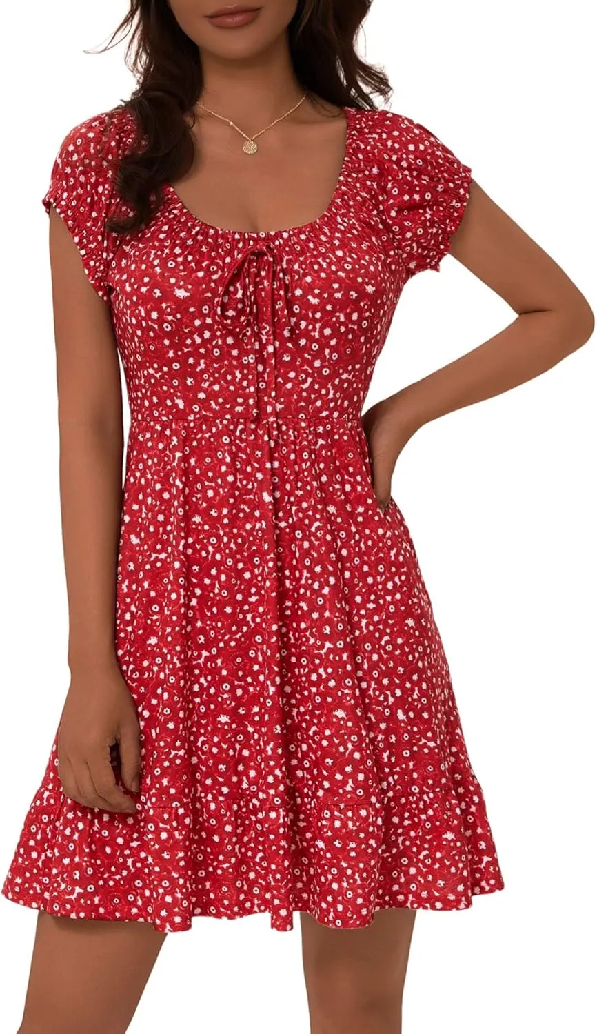 HUHOT Teen Petite Women Floral Short Summer Mini Dresses with Pockets Cute Milkmaid Sundress