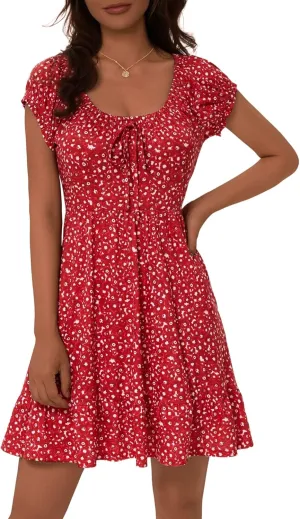 HUHOT Teen Petite Women Floral Short Summer Mini Dresses with Pockets Cute Milkmaid Sundress