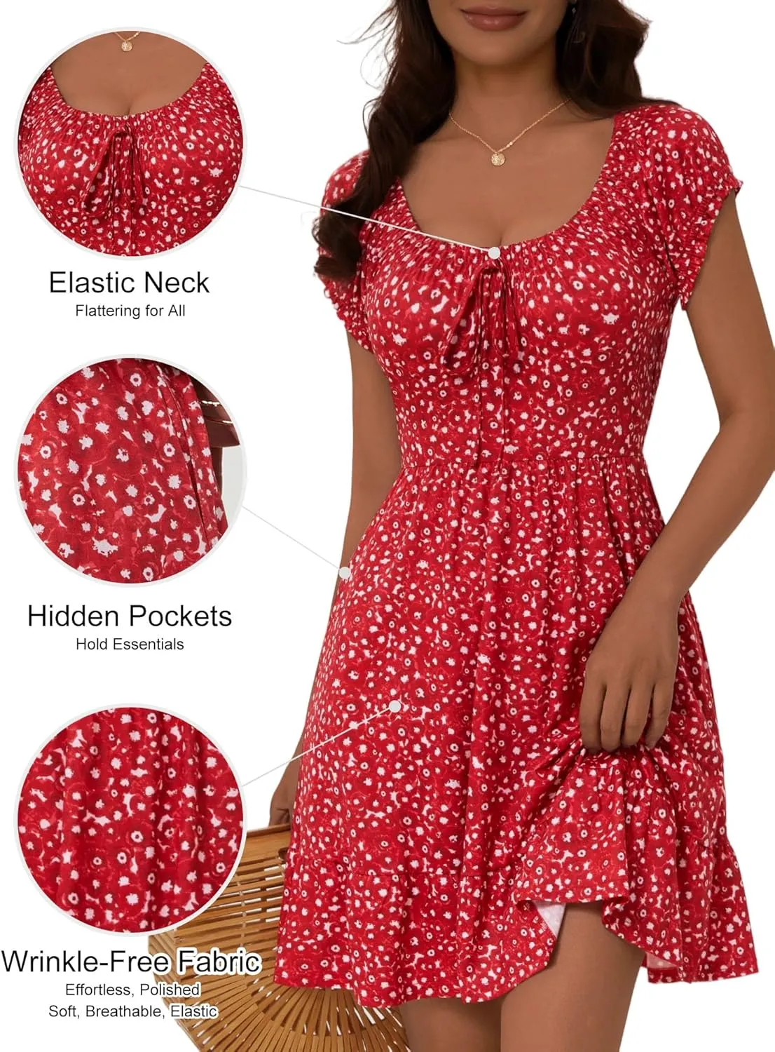 HUHOT Teen Petite Women Floral Short Summer Mini Dresses with Pockets Cute Milkmaid Sundress