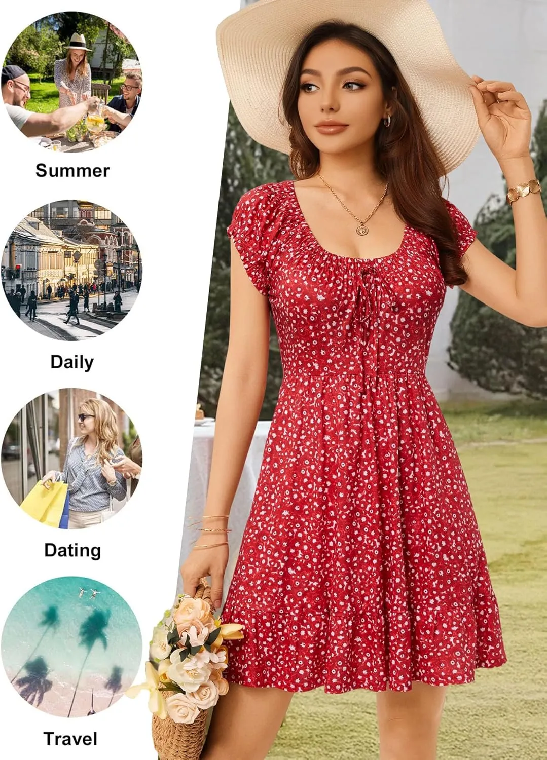 HUHOT Teen Petite Women Floral Short Summer Mini Dresses with Pockets Cute Milkmaid Sundress