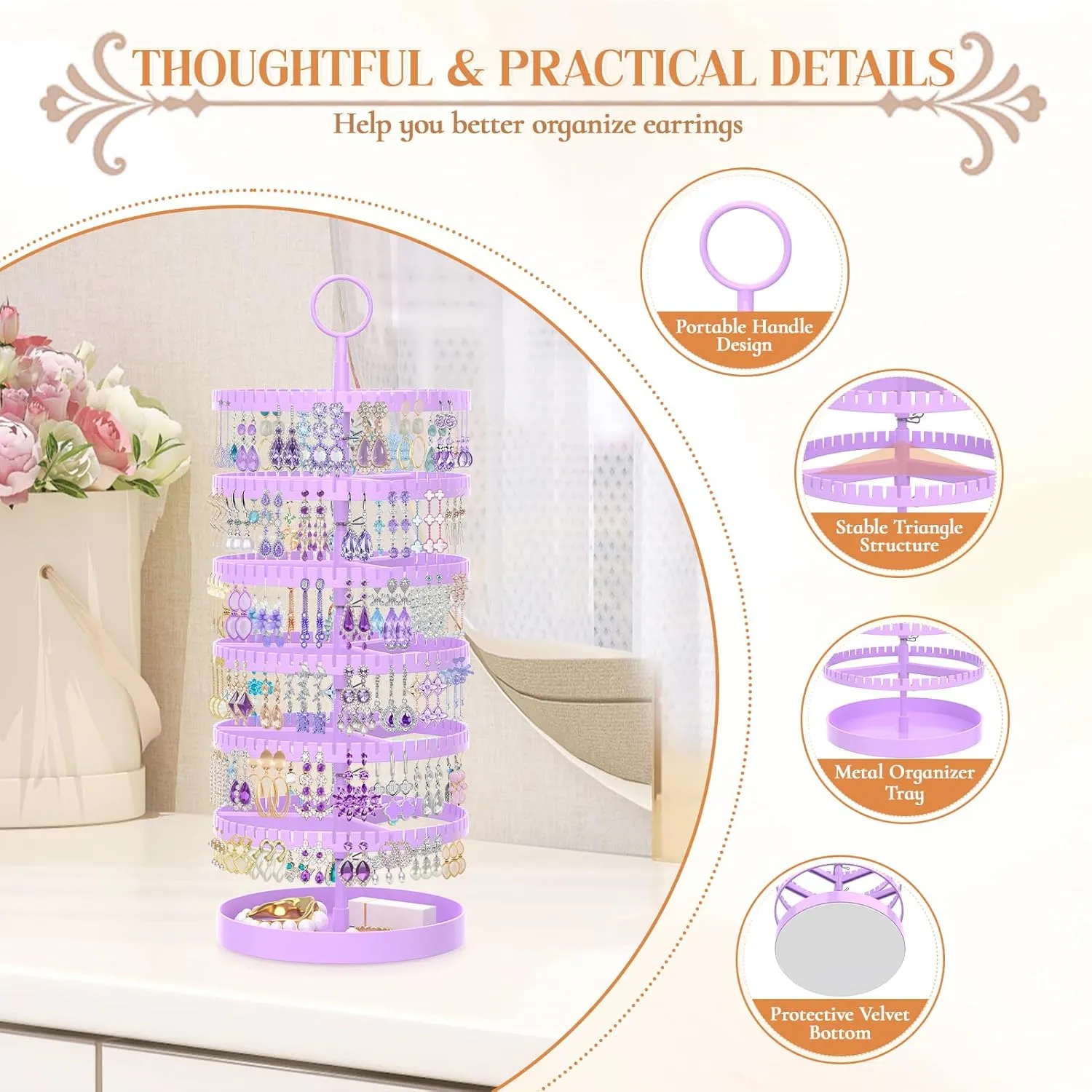 iDavosic.ly 6 Tier Rotating Earring Holder Organizer with Metal Tray, Adjustable Plastic Dangle Display Stands Tree with 342 Grooves, Large Hoop Storage Rack Tower, Purple