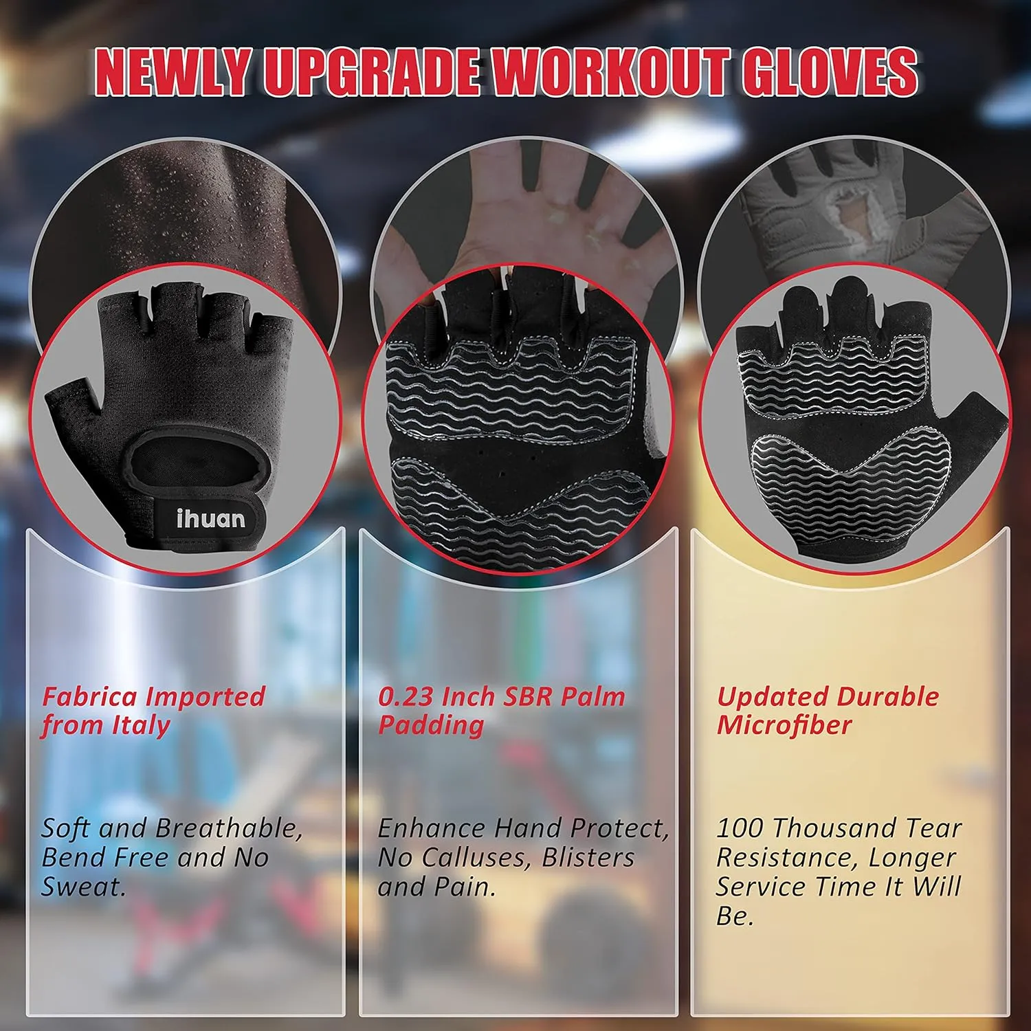 ihuan Workout Gym Gloves Weight Lifting for Exercise | Partition Palm Protection |Enhance Grip | Fitness Lightweight Breathable | Cycling Men & Women