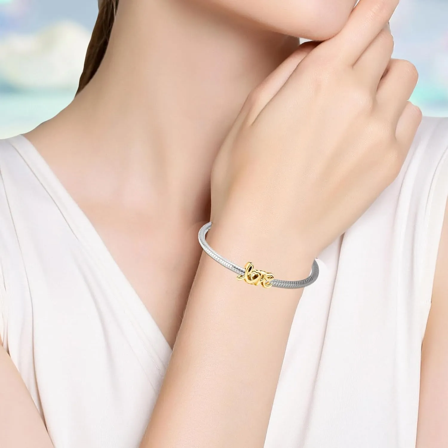 Love Gold Charms 925 Sterling Silver for Women Bracelets and Necklaces Dangle Beads Mothers Day Jewelry for Mom