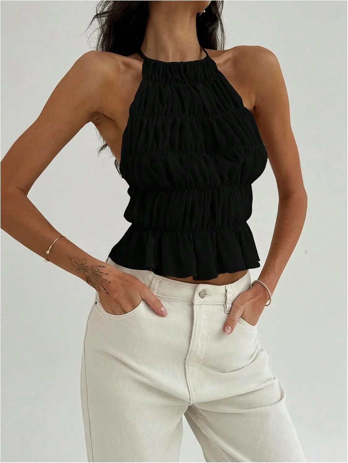 MakeMeChic Women's Ruffle Layered Halter Top Sleeveless Tie Back Y2K Crop Tops