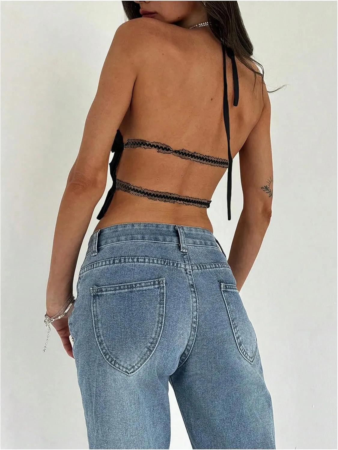 MakeMeChic Women's Ruffle Layered Halter Top Sleeveless Tie Back Y2K Crop Tops