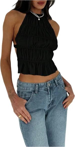 MakeMeChic Women's Ruffle Layered Halter Top Sleeveless Tie Back Y2K Crop Tops
