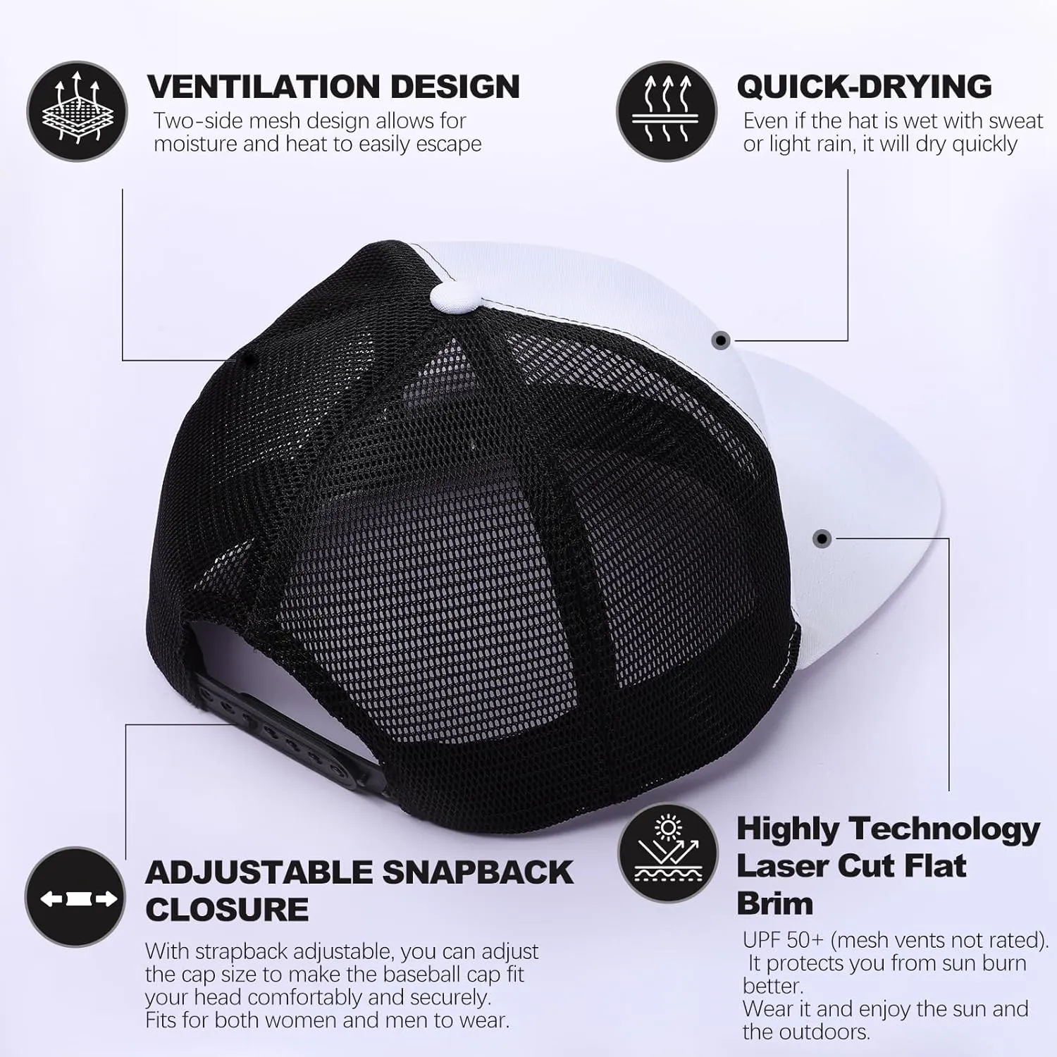 Men Flat Brim Baseball Cap Adjustable Performance Snapback Hat Laser Perforated Breathable Mesh Sport Cap