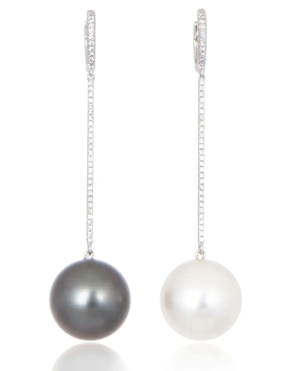 Mismatched South Sea Pearl and Diamond Line Drop Earrings
