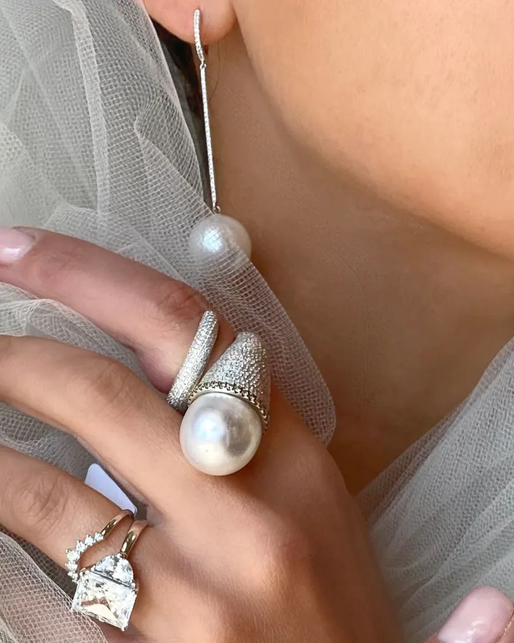 Mismatched South Sea Pearl and Diamond Line Drop Earrings