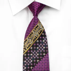 Pierre Balmain Men's Silk Necktie Golden Cartouche Purple Checker On Blue Sparkling With Rhinestones