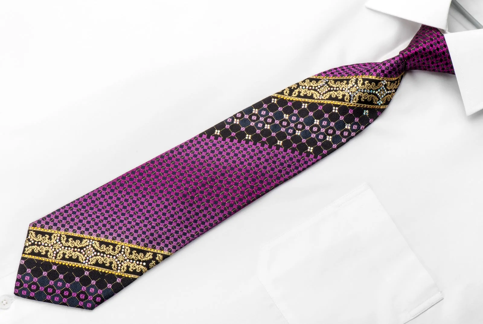 Pierre Balmain Men's Silk Necktie Golden Cartouche Purple Checker On Blue Sparkling With Rhinestones