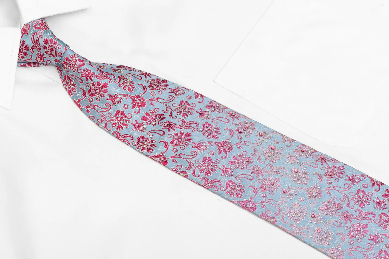 Pink Acanthus Floral On Pale Blue Rhinestone Silk Necktie