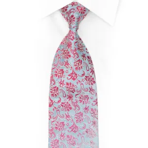 Pink Acanthus Floral On Pale Blue Rhinestone Silk Necktie