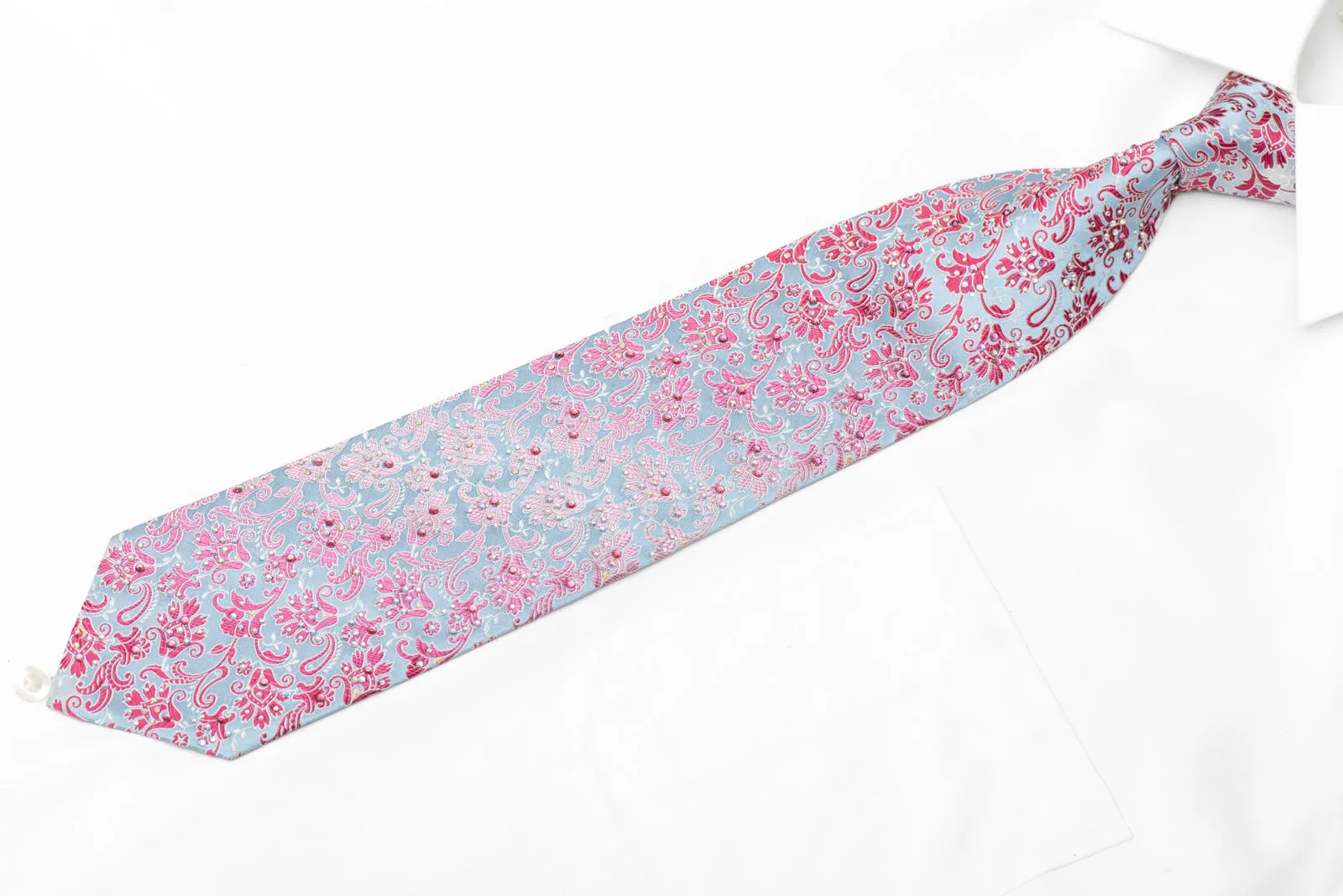 Pink Acanthus Floral On Pale Blue Rhinestone Silk Necktie