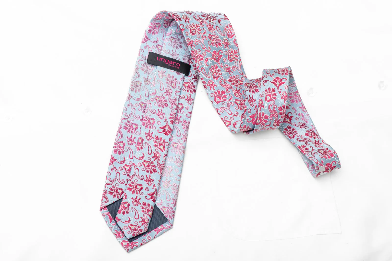 Pink Acanthus Floral On Pale Blue Rhinestone Silk Necktie