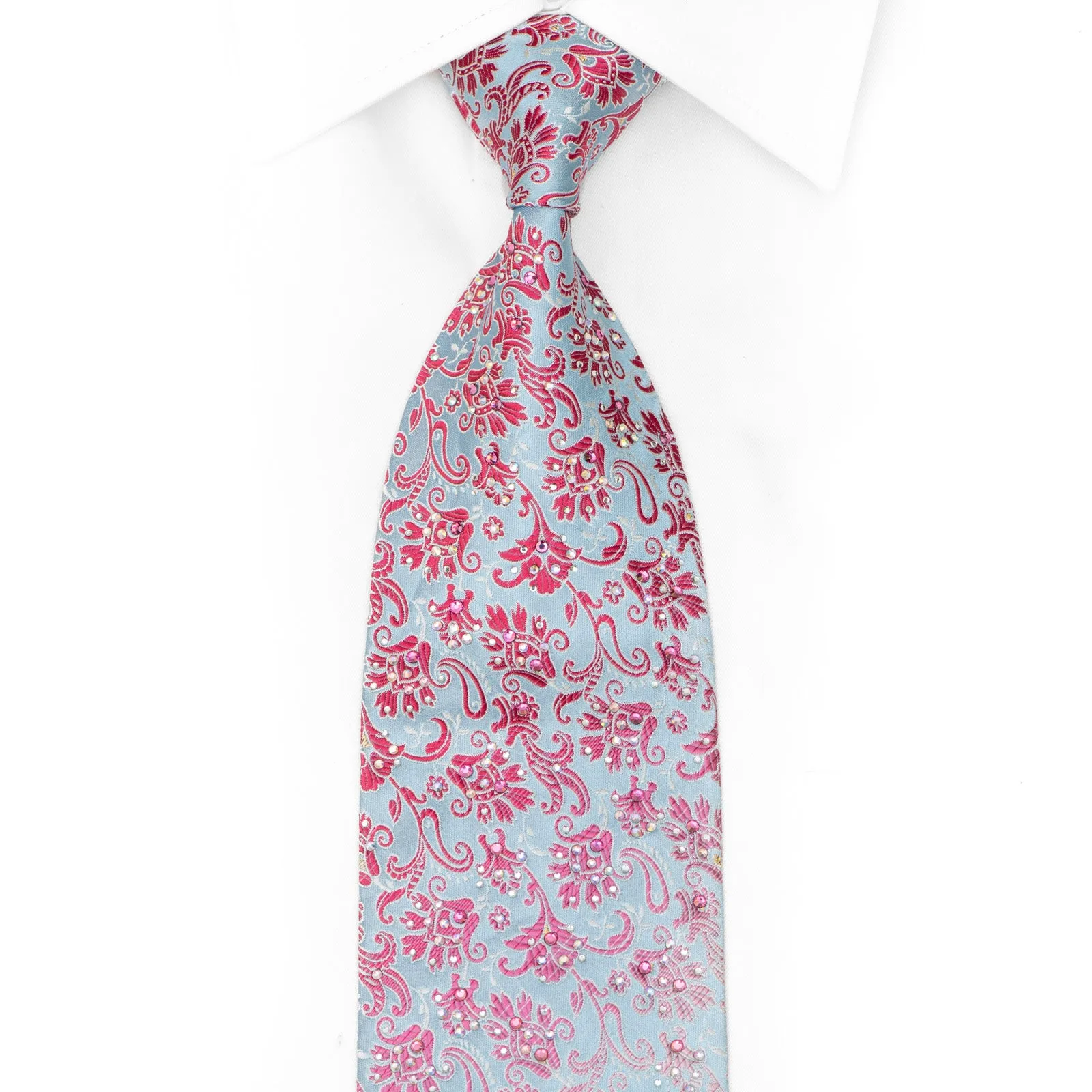 Pink Acanthus Floral On Pale Blue Rhinestone Silk Necktie