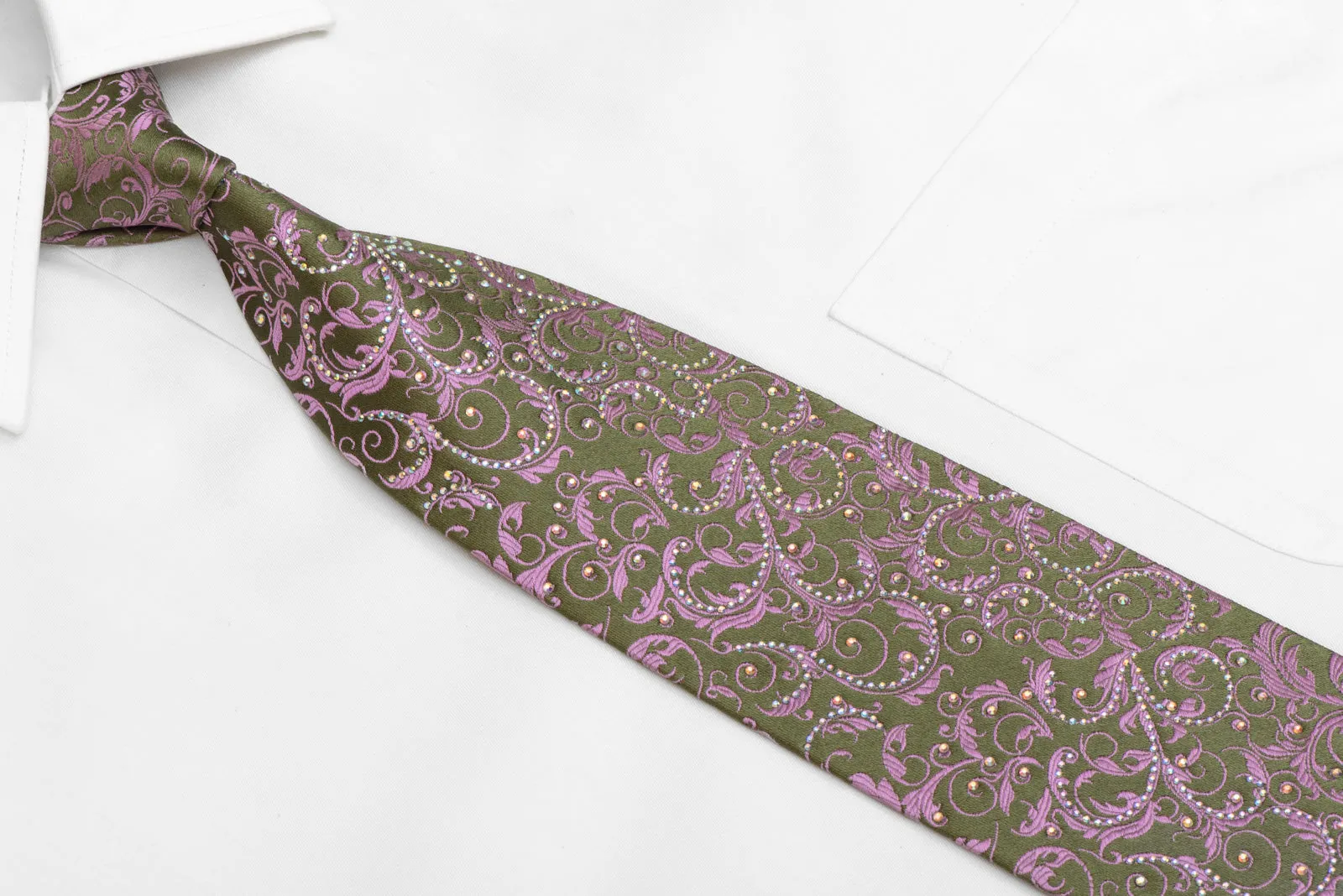 Pink Acanthus Scrolls On Green Rhinestone Silk Necktie