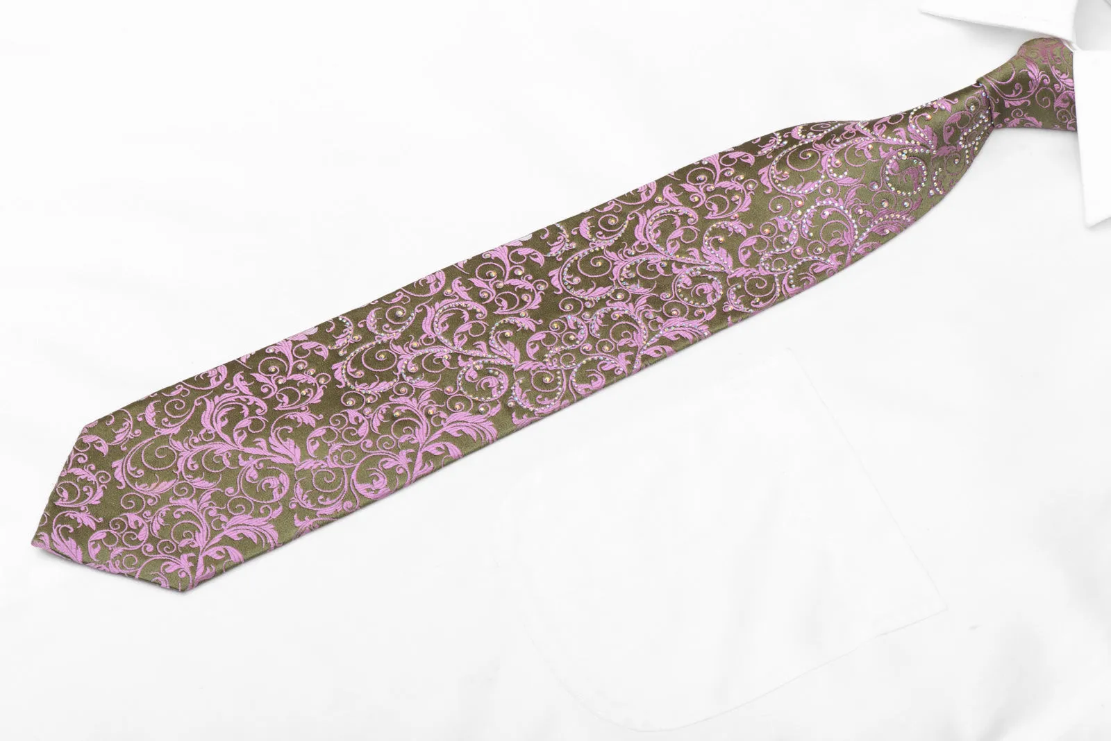 Pink Acanthus Scrolls On Green Rhinestone Silk Necktie