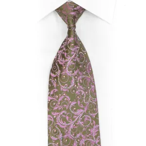 Pink Acanthus Scrolls On Green Rhinestone Silk Necktie