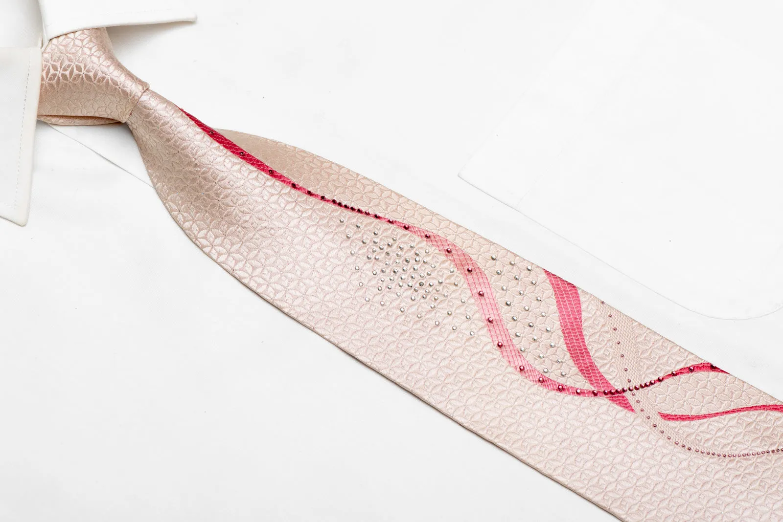 Pink Waves On Pink Rhinestone Silk Necktie With Silver Sparkles