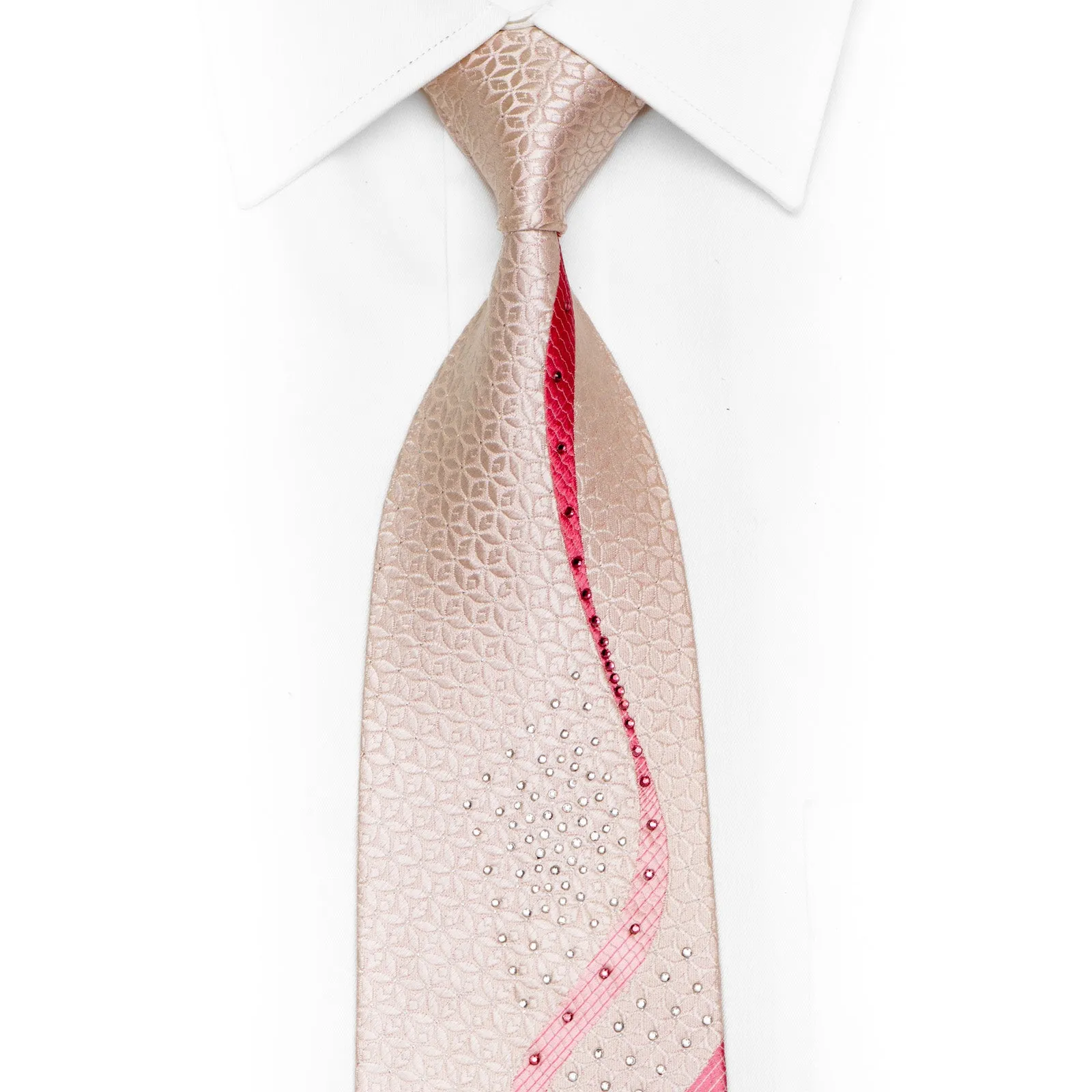 Pink Waves On Pink Rhinestone Silk Necktie With Silver Sparkles