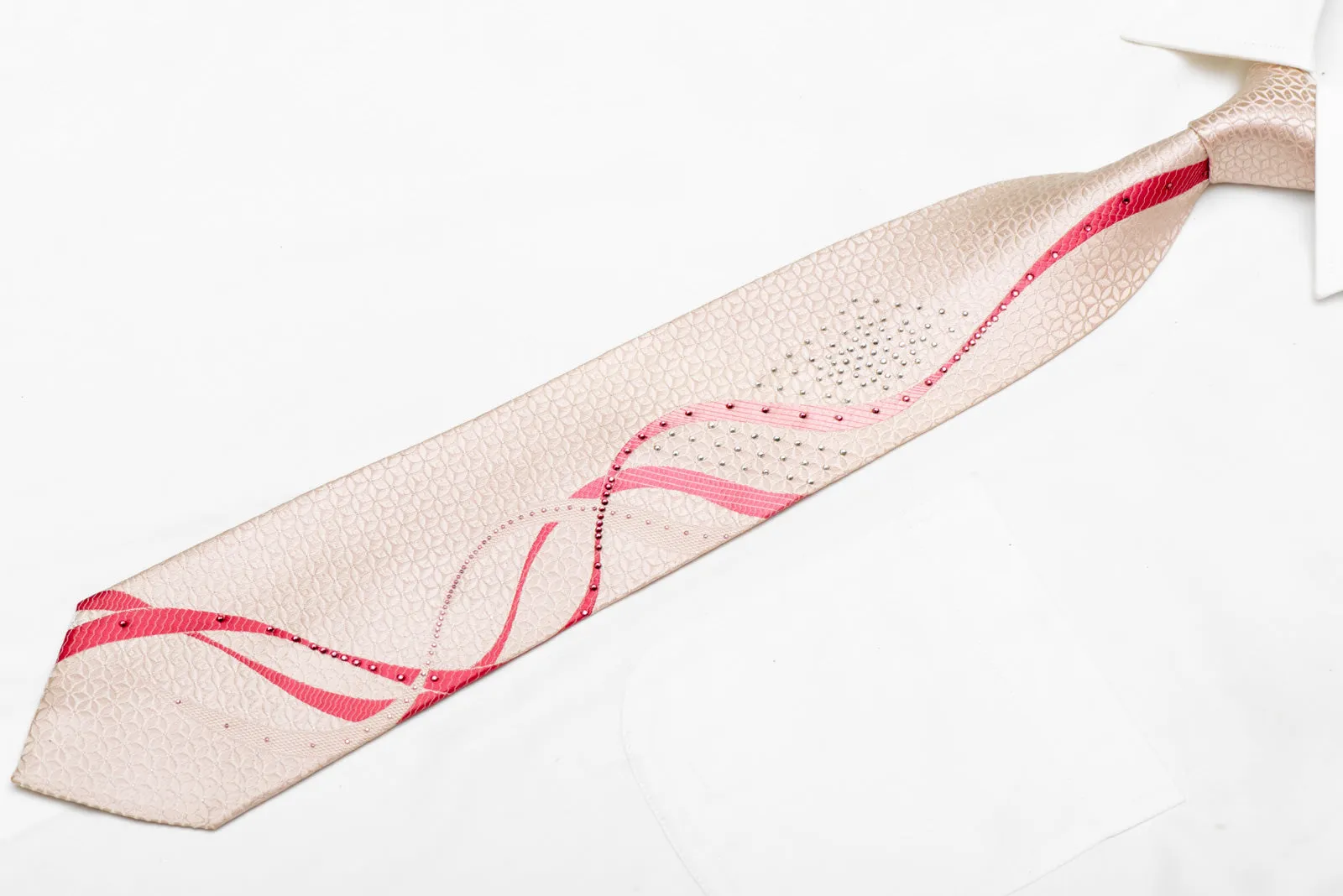 Pink Waves On Pink Rhinestone Silk Necktie With Silver Sparkles