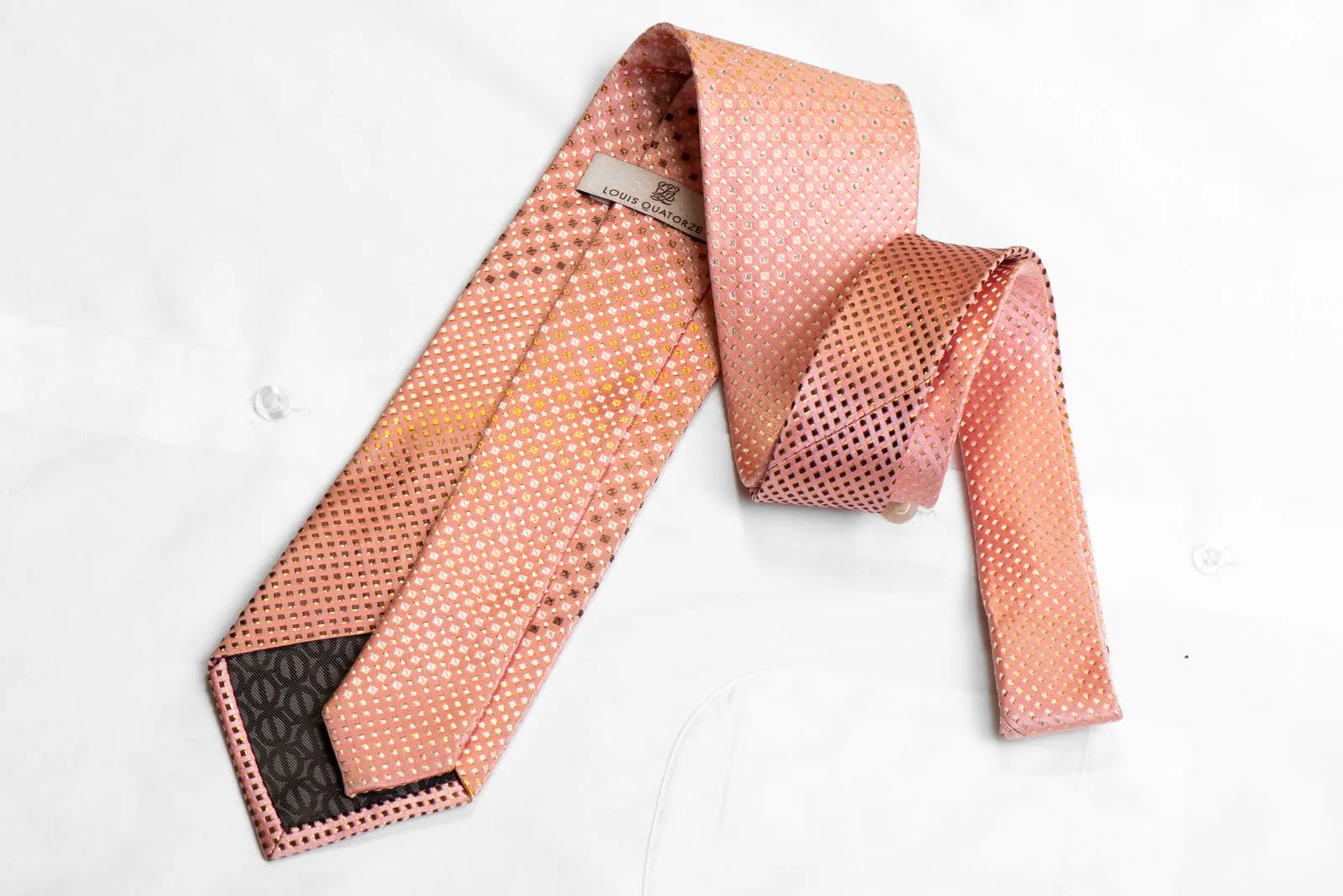 Silk Tie Yellow Geometric On Paech Pink With Rhinestones & Sparkles