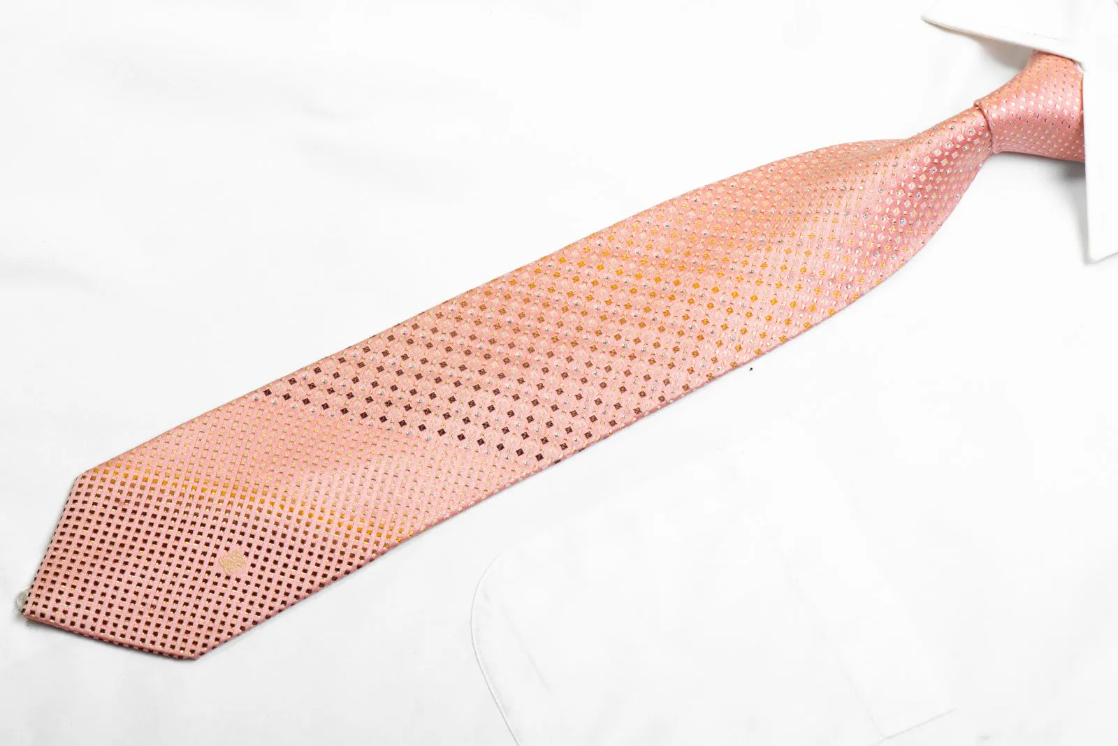 Silk Tie Yellow Geometric On Paech Pink With Rhinestones & Sparkles