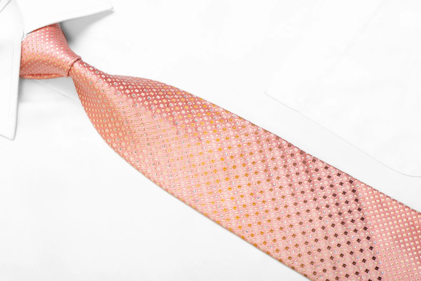 Silk Tie Yellow Geometric On Paech Pink With Rhinestones & Sparkles