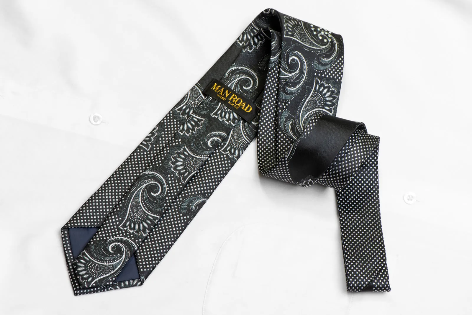 Silver Acanthus On Black Rhinestone Silk Necktie With Silver Sparkles