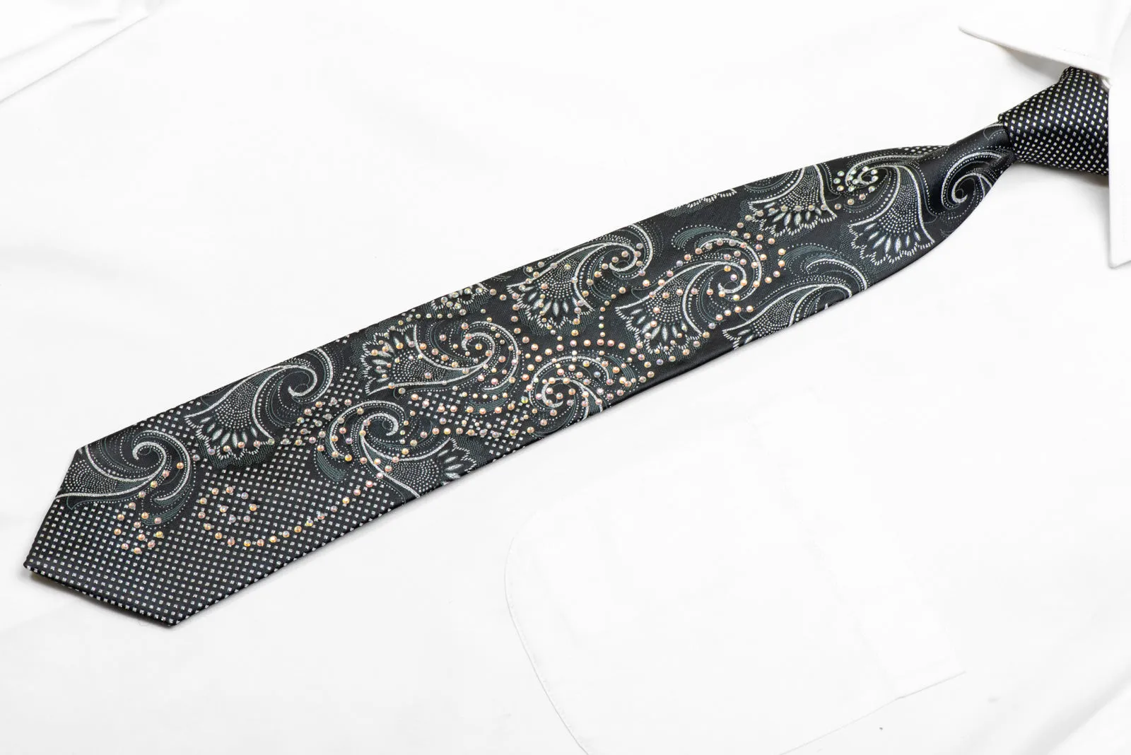 Silver Acanthus On Black Rhinestone Silk Necktie With Silver Sparkles