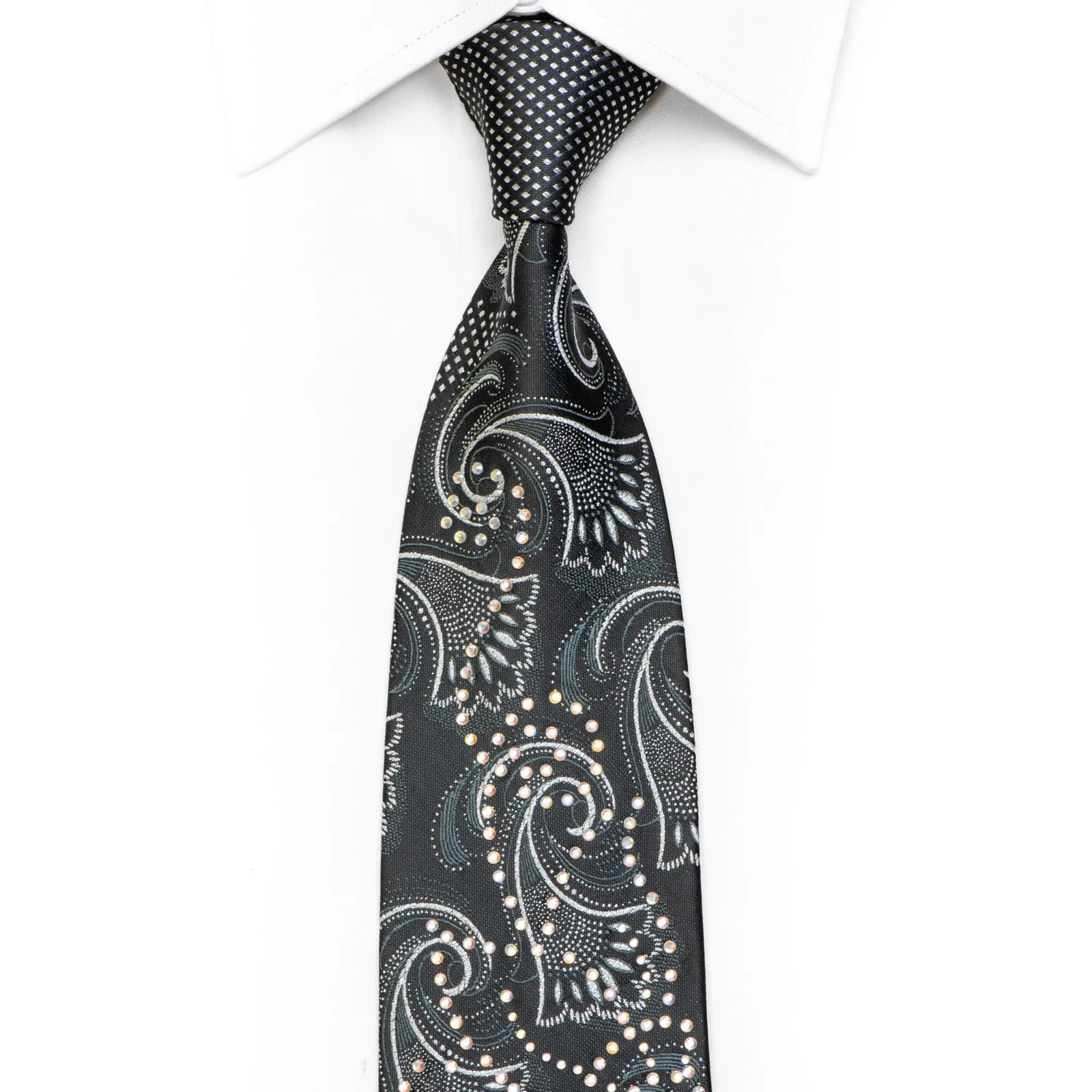 Silver Acanthus On Black Rhinestone Silk Necktie With Silver Sparkles