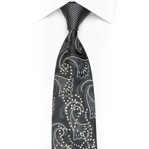 Silver Acanthus On Black Rhinestone Silk Necktie With Silver Sparkles