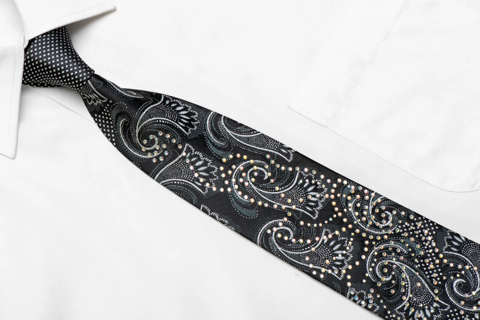 Silver Acanthus On Black Rhinestone Silk Necktie With Silver Sparkles