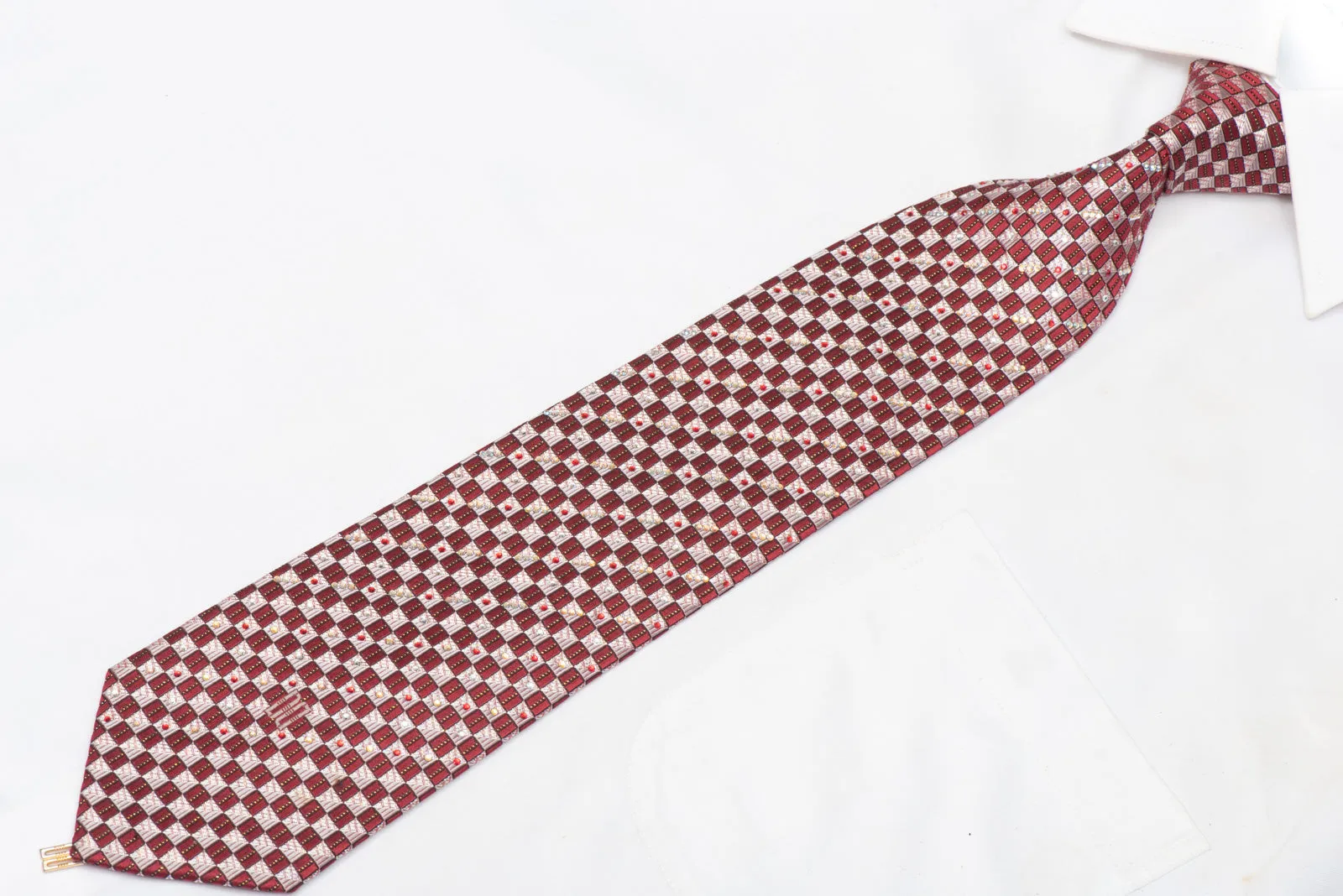 Silver Burgundy Checkered Rhinestone Silk Necktie With Silver Sparkles