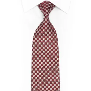Silver Burgundy Checkered Rhinestone Silk Necktie With Silver Sparkles